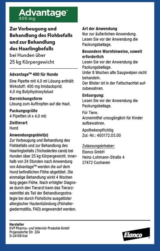 Advantage 400 Lösung Pipetten für Hunde ab 25 kg 4 Einzeldosispipetten