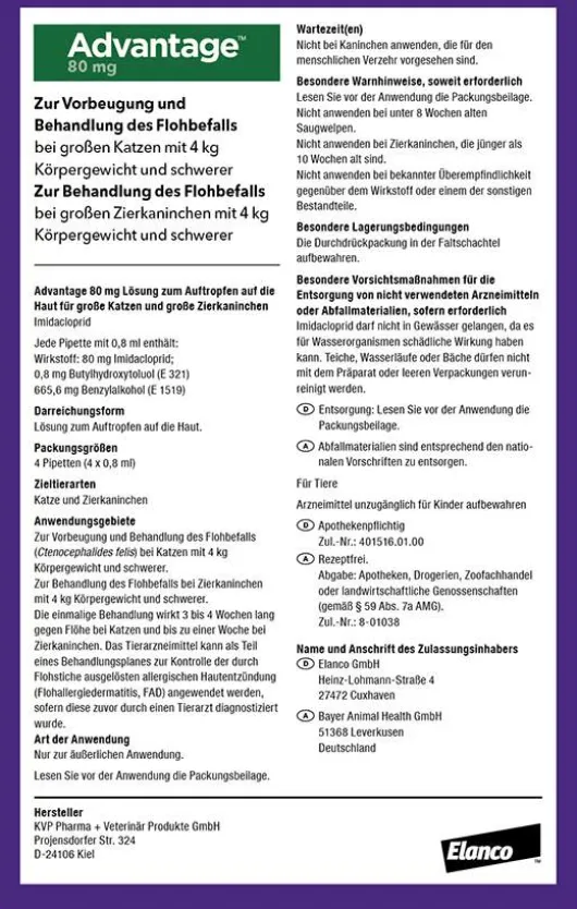 Advantage 80 mg für Katzen und Zierkaninchen über 4 kg 4 x 0,8 ml Lösung