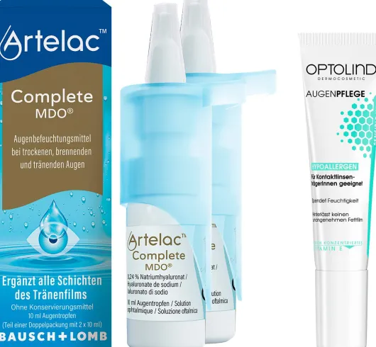 Artelac Complete MDO Augentropfen + gratis Optolind Empflindl. Haut Augenpflege 15 ml