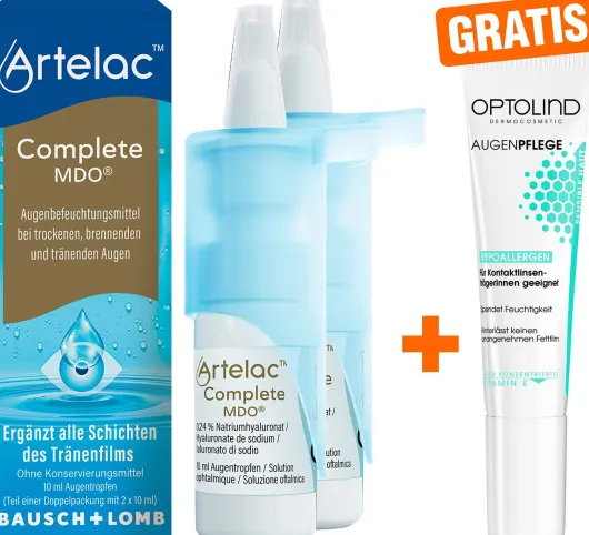 Artelac Complete MDO Augentropfen + gratis Optolind Empflindl. Haut Augenpflege 15 ml