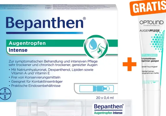 Bepanthen Augentropfen Intense 20 x 0,4 ml + gratis Optolind Empfindl. Haut Augenpflege 15 ml