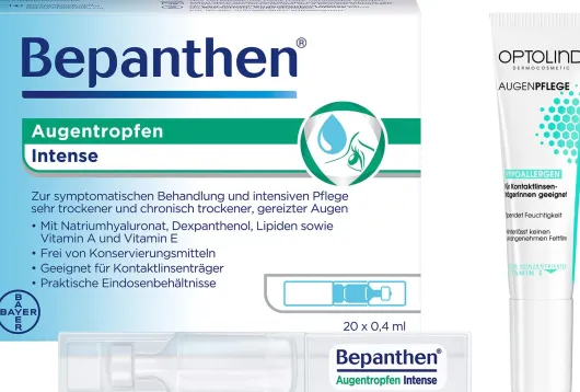 Bepanthen Augentropfen Intense 20 x 0,4 ml + gratis Optolind Empfindl. Haut Augenpflege 15 ml