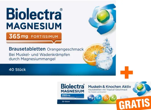 Biolectra Magnesium 365 mg fortissimum Orangengeschmack 40 Brausetabletten + gratis Magnesium 250 mg 30 Kautabletten