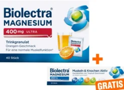 Biolectra Magnesium 400 mg ultra Trinkgranulat Orangengeschmack 40 Stück + gratis Magnesium 250 mg Aktiv 30 Kautabletten