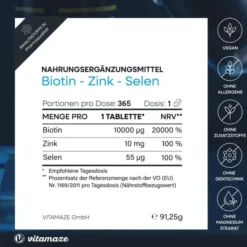 Biotin 10 mg Hochdosiert + Zink + Selen 365 Tabletten