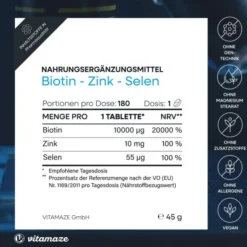 Biotin 10 mg hochdosiert Zink + Selen 180 Tabletten