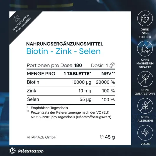 Biotin 10 mg hochdosiert Zink + Selen 180 Tabletten