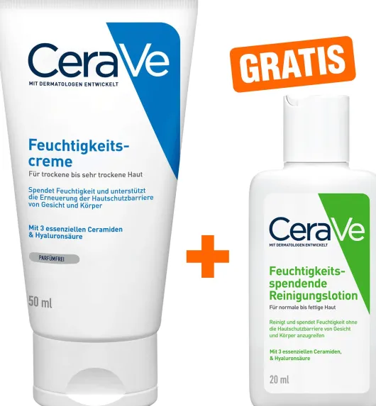 CeraVe Feuchtigkeitscreme 50 ml + gratis CeraVe feuchtigkeitsspendende Reinigungslotion 20 ml