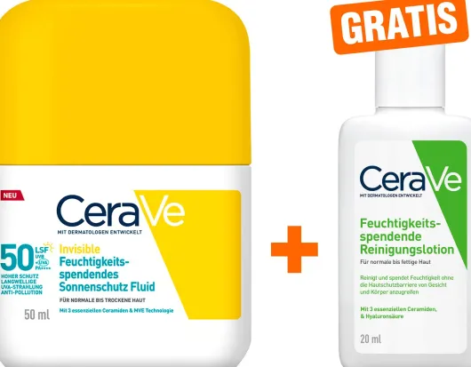CeraVe invisible Feuchtigkeitsspendendes Sonnenschutz Fluid 50 ml + gratis CeraVe Reinigungslotion 20 ml