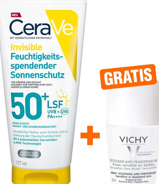 CeraVe Invisible Feuchtigkeitsspendender Sonnenschutz LSF 50+ 177 ml + gratis Vichy Deo Roll-on Anti Flecken 48h 50 ml