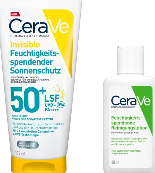 CeraVe Invisible Feuchtigkeitsspendender Sonnenschutz LSF 50+ 177 ml + gratis CeraVe Reinigungslotion 20 ml