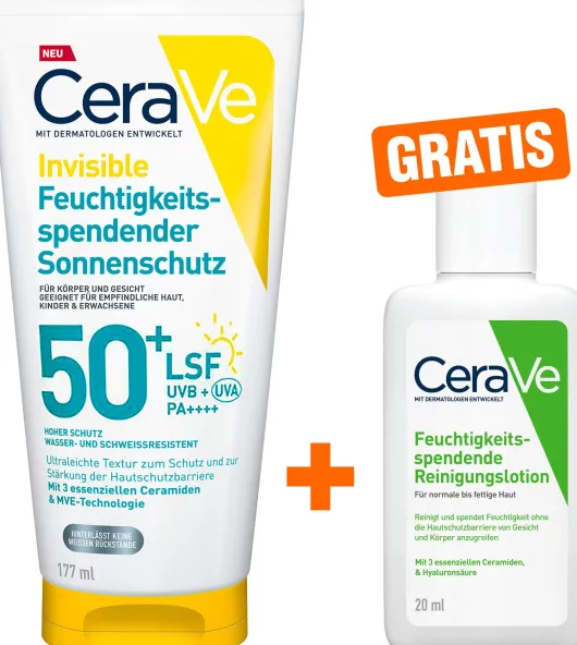 CeraVe Invisible Feuchtigkeitsspendender Sonnenschutz LSF 50+ 177 ml + gratis CeraVe Reinigungslotion 20 ml