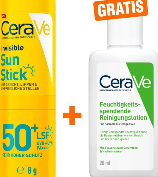CeraVe Invisible Sun Stick SPF 50+ 8 g + gratis CeraVe Feuchtigkeitspendende Reinigungslotion 20 ml