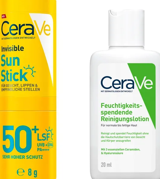 CeraVe Invisible Sun Stick SPF 50+ 8 g + gratis CeraVe Feuchtigkeitspendende Reinigungslotion 20 ml