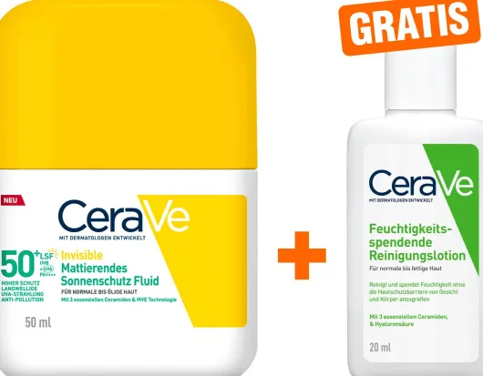 CeraVe Mattierendes Sonnenschutz Fluid LSF 50+ 50 ml + gratis CeraVe Feuchtigkeitsspendende Reinigungslotion 20 ml