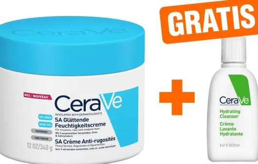 CeraVe SA Urea Glättende Feuchtigkeitscreme 340 g + gratis Feuchtigkeitsspendende Reinigungslotion 20 ml