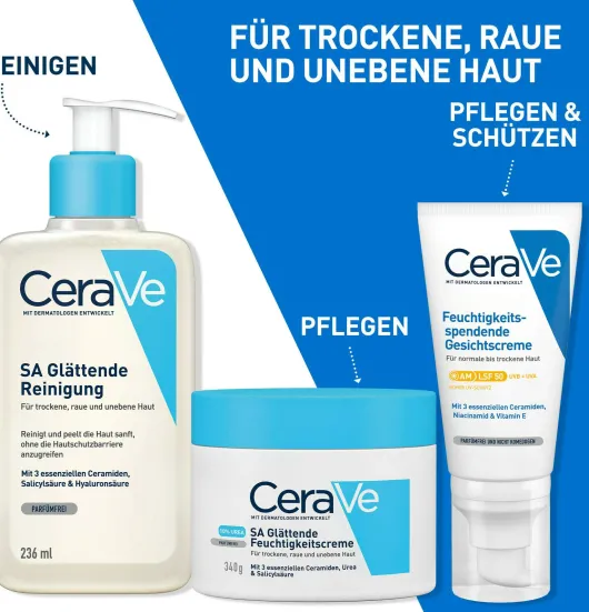 CeraVe SA Urea Glättende Feuchtigkeitscreme 340 g + gratis Feuchtigkeitsspendende Reinigungslotion 20 ml
