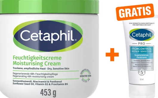 Cetaphil Feuchtigkeitscreme 453g + gratis Pro Itch Control Repair Sensitive regenerierende Handcreme 50 ml