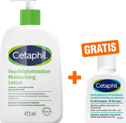 Cetaphil Feuchtigkeitslotion 473 ml + gratis Cetaphil sanft glättende SA Reinigungslotion 29 ml