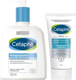 Cetaphil Reinigungslotion 236 ml + gratis Pro Itch Control Repair sensitive regenerierende Handcreme 50 ml