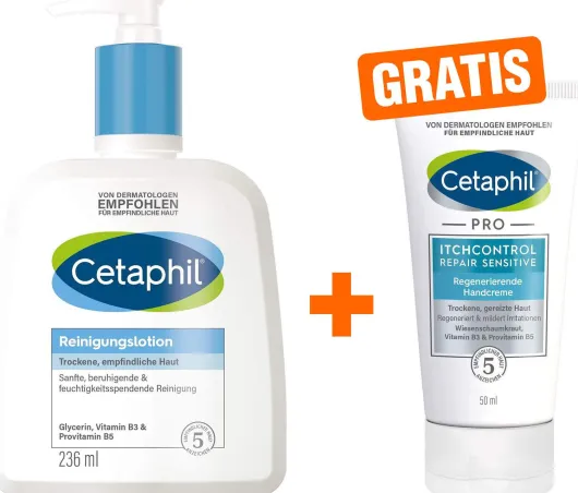 Cetaphil Reinigungslotion 236 ml + gratis Pro Itch Control Repair sensitive regenerierende Handcreme 50 ml