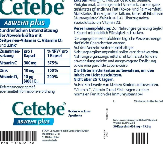 Cetebe Abwehr plus Vitamin C+Vitamin D3+ Zink 30 Kapseln