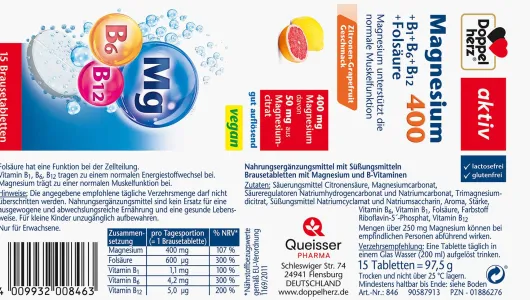 Doppelherz Aktiv Magnesium 400 Plsu B1, B6, B12, Folsäure 15...