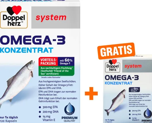 Doppelherz system Omega 3 Konzentrat Kapseln 120 Stück + gratis Doppelherz system Omega-3 Konzentrat 5 Kapseln