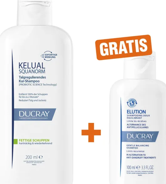 Ducray Kelual Squanorm fettige Schuppen 200 ml Shampoo + gratis Ducray Elution ausgl. Shampoo 100 ml