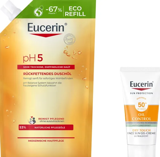 Eucerin pH5 Duschöl 400 ml Nachfüllbeutel empfindliche Haut + gratis Eucerin Sun Gelcreme Oil Control 20 ml