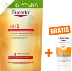 Eucerin pH5 Duschöl 400 ml Nachfüllbeutel empfindliche Haut + gratis Eucerin Sun Gelcreme Oil Control 20 ml