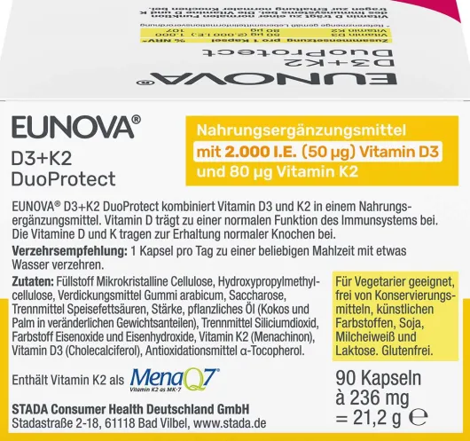 Eunova DuoProtect D3 + K2 2000 I.E. 90 Kapseln