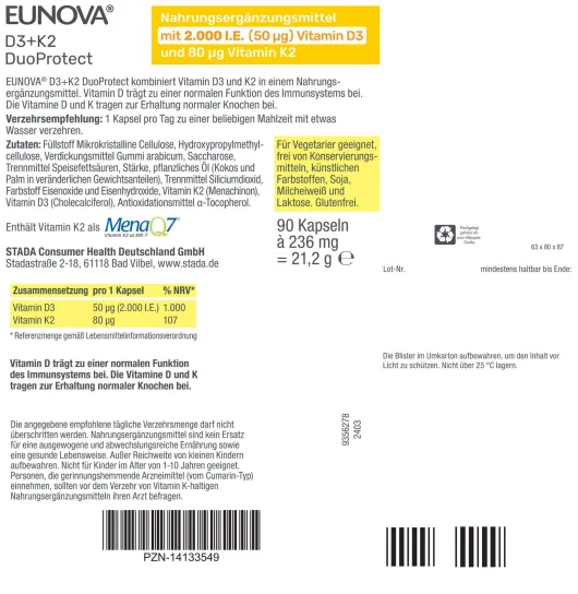 Eunova DuoProtect D3 + K2 2000 I.E. 90 Kapseln