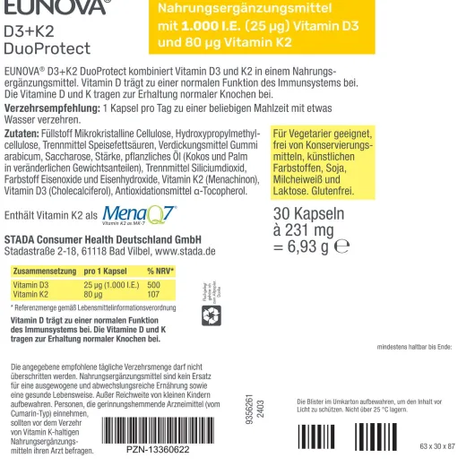 Eunova Duoprotect D3 + K2 1000 I.E. 30 Kapseln
