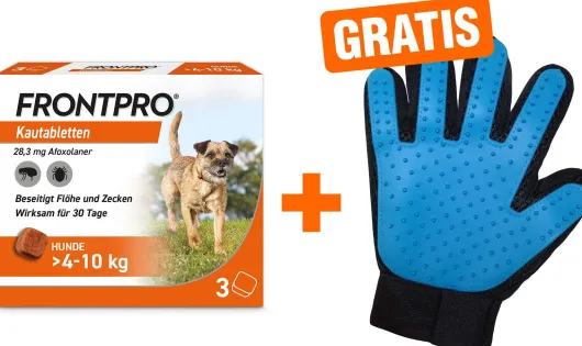 Frontpro 28,3 mg für Hunde 4-10 kg 3 Kautabletten + gratis Fellhandschuh