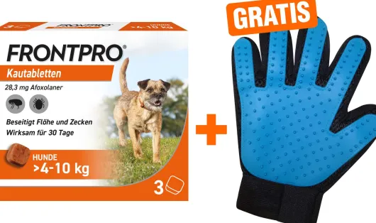 Frontpro 28,3 mg für Hunde 4-10 kg 3 Kautabletten + gratis Fellhandschuh