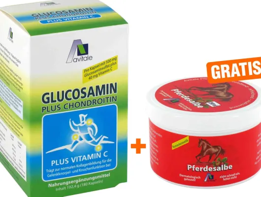 Glucosamin 500 mg + Chondroitin 400 mg + gratis Pferdesalbe m. Rosskastanie 250ml
