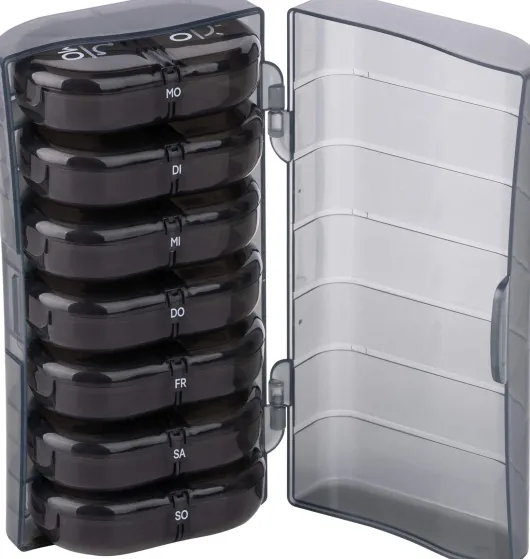 Haushalt International Tablettenbox für 7 Tage in grau mit schwarzen Dosen
