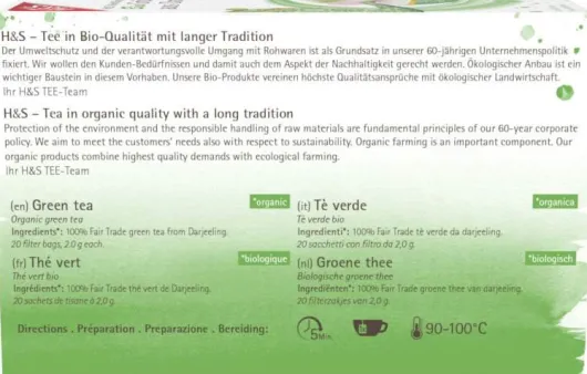 H&S Bio Grüner Tee Aus Darjeeling Filterbeutel 20 X 2 G