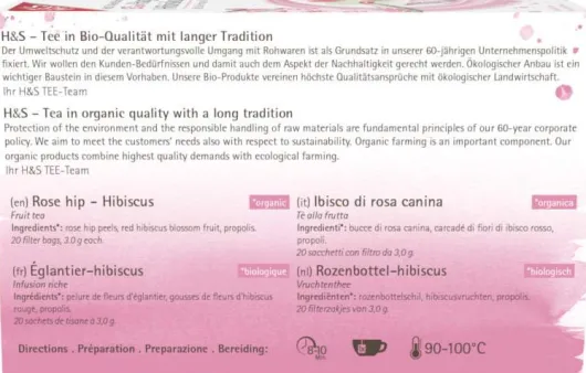 H&S Bio Hagebutte - Hibiskus Filterbeutel 20 X 3 G