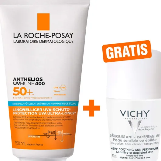 La Roche Posay Anthelios Körper + Gesicht LSF 50 150 ml Milch + gratis Vichy Deo Roll-on Anti Flecken 48h 50 ml