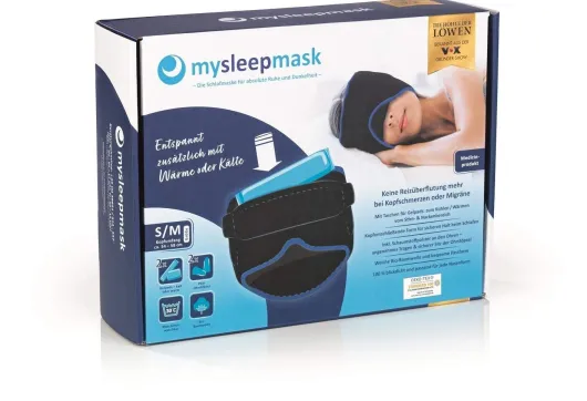 mysleepmask Schlafmaske L-XL schwarz-blau inkl. 2 Gelpads & 2 Paar Ohrstöpsel