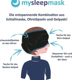 mysleepmask Schlafmaske L-XL schwarz-blau inkl. 2 Gelpads & 2 Paar Ohrstöpsel
