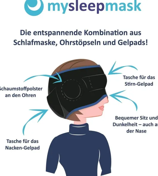 mysleepmask Schlafmaske L-XL schwarz-blau inkl. 2 Gelpads & 2 Paar Ohrstöpsel