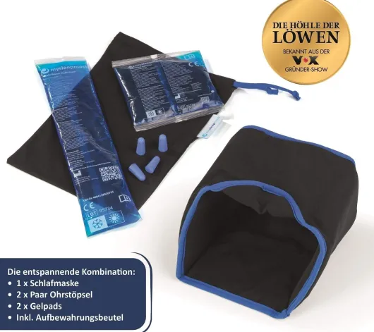 mysleepmask Schlafmaske L-XL schwarz-blau inkl. 2 Gelpads & 2 Paar Ohrstöpsel