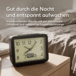 Nachleuchtender Wecker schwarz mit Temperaturanzeiger rechteckig