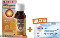 Nurofen Junior Fieber- & Schmerzsaft Orange 40mg pro ml 100 ml + Sagrotan 2 in 1 Desinfektionstücher 15 Stück