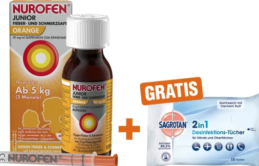 Nurofen Junior Fieber- & Schmerzsaft Orange 40mg pro ml 100 ml + Sagrotan 2 in 1 Desinfektionstücher 15 Stück