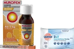 Nurofen Junior Fieber- & Schmerzsaft Orange 40mg pro ml 100 ml + Sagrotan 2 in 1 Desinfektionstücher 15 Stück