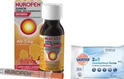 Nurofen Junior Fieber- & Schmerzsaft Erdbeer 40mg pro ml 100 ml + Sagrotan 2 in 1 Desinfektionstücher 15 Stück